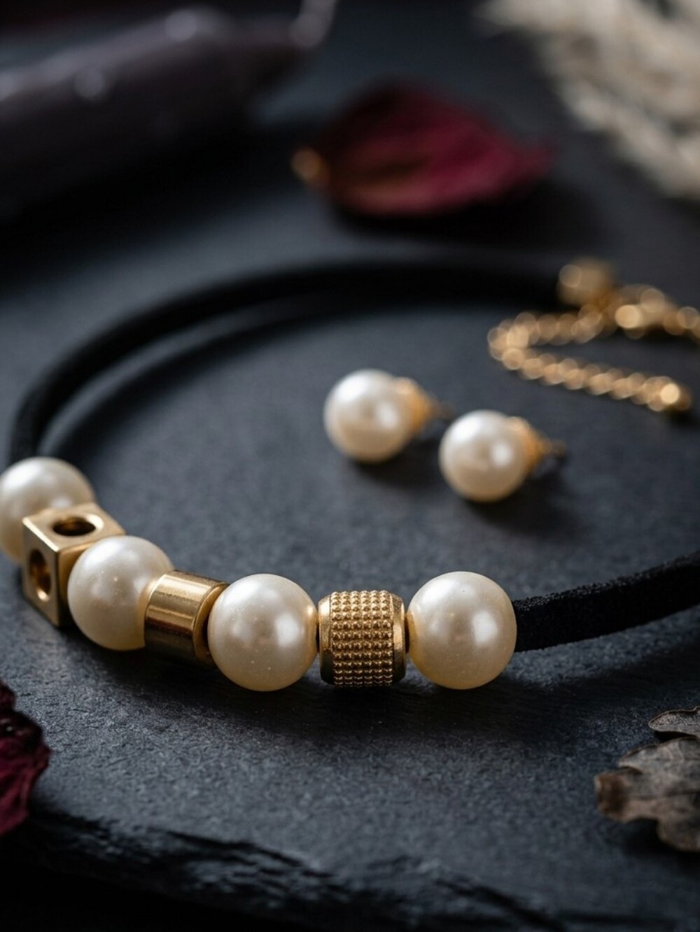 Choker Necklace Faux Pearls and Stud Earrings Set Black Suede Gold Dark Romance